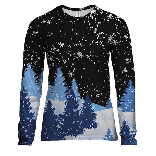 Женский 3D лонгслив Снежная ночь в зимнем лесу (вид спереди)