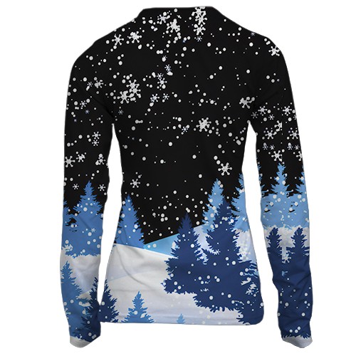 Женский 3D лонгслив Снежная ночь в зимнем лесу (вид сзади)