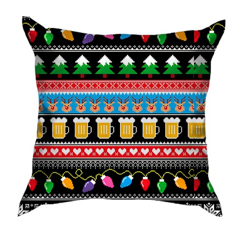 3D подушка Новорічний візерунок з пивом та оленями (вид ззаду)