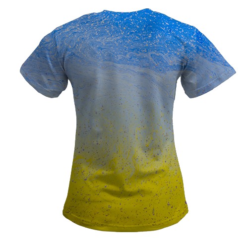 Жіноча 3D футболка "Абстрактні хвилі в кольорах прапора" (вид ззаду)