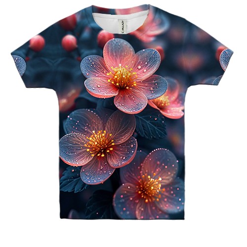 Детская 3D футболка с полупрозрачными арт цветами (вид спереди)