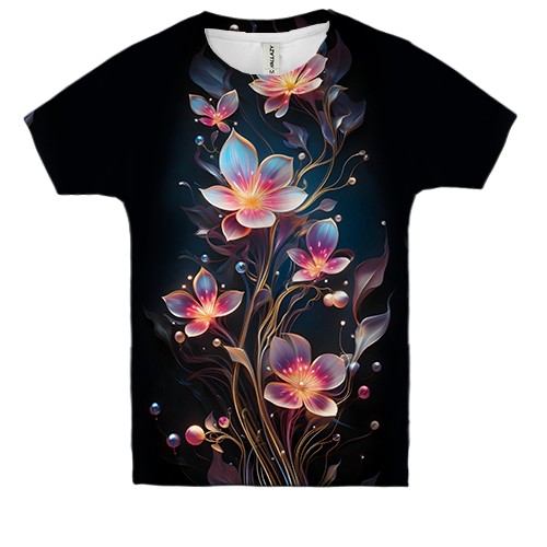 Детская 3D футболка с декоративными арт цветами (вид спереди)