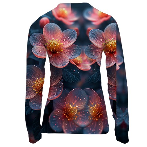 Женский 3D лонгслив с полупрозрачными арт цветами (вид сзади)