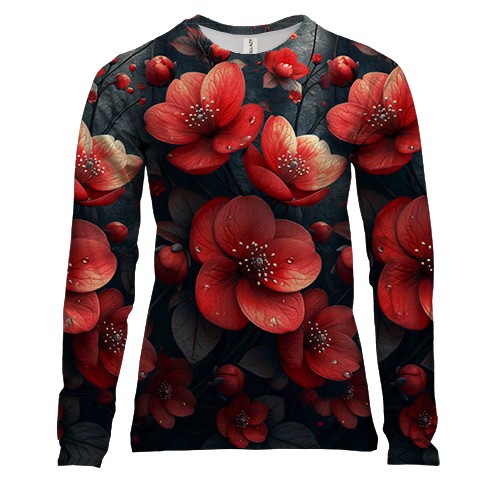 Женский 3D лонгслив с красными цветами (АРТ) (вид спереди)