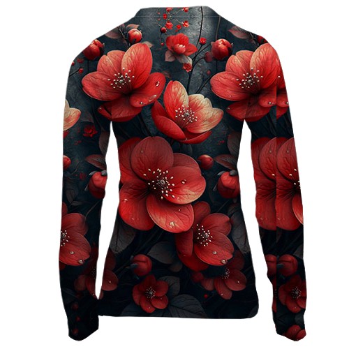 Женский 3D лонгслив с красными цветами (АРТ) (вид сзади)