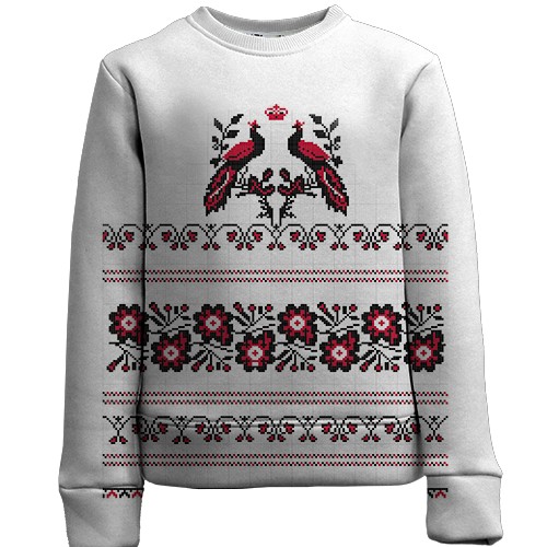 Детский 3D свитшот с рисунком в виде вышиванки с птицами (вид спереди)