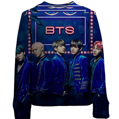 Детский 3D свитшот с группой БТС (BTS K-POP) ARMY в костюмах (вид спереди)