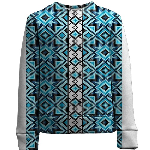 Детский 3D свитшот с голубой вышиванкой (вид спереди)