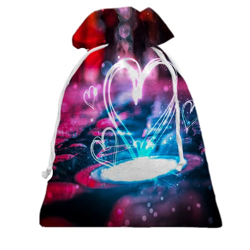 3D Подарочный мешочек с неоновым сердцем в луже (вид сзади)