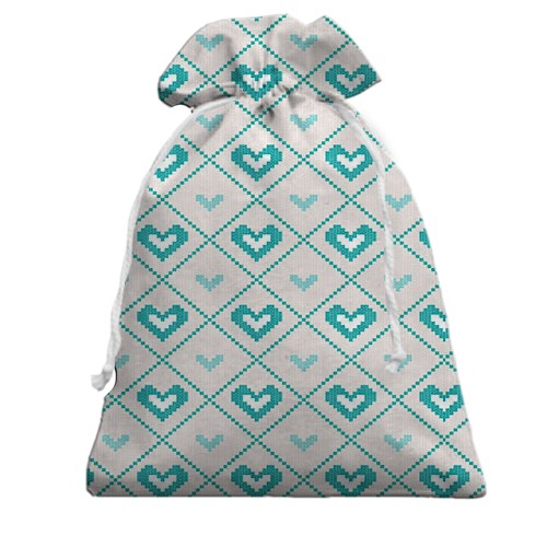 3D Подарунковий мішечок з шитими сердечками (вид спереду)