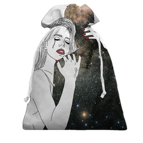 3D Подарунковий мішечок дівчина обіймає космос (вид ззаду)