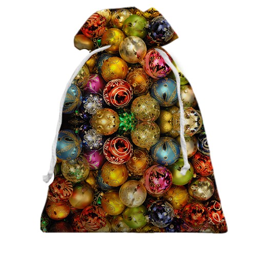 3D Подарунковий мішечок з різнокольоровими новорічними іграшками (вид спереду)