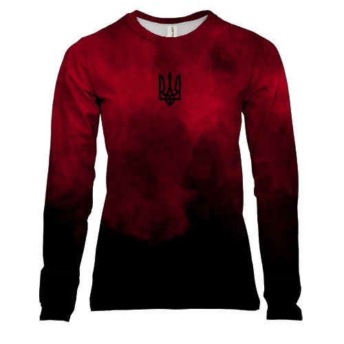 Женский 3D лонгслив Красно-черный дым с Тризубом (вид спереди)