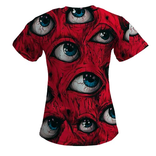 Жіноча 3D футболка Жахливі очі (вид ззаду)