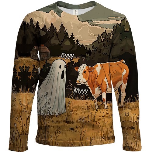 Дитячий 3D лонгслів Корова та привид (вид спереду)