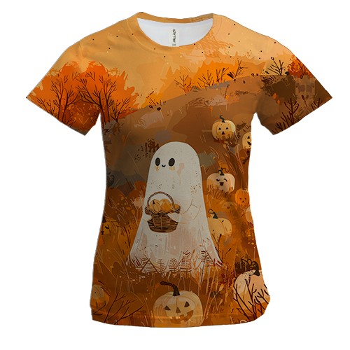 Жіноча 3D футболка Привид з гарбузами, Хелловін (вид спереду)