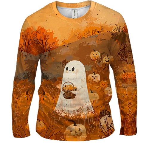 Чоловічий 3D лонгслів Привид з гарбузами, Хелловін (вид спереду)