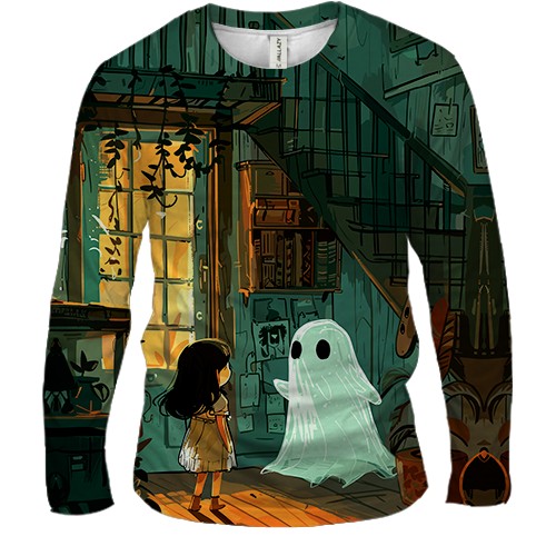 Мужской 3D лонгслив Дом с привидением, Хэллоуин (вид спереди)