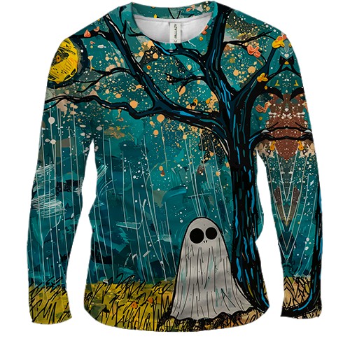 Чоловічий 3D лонгслів Привид під дощем, Хелловін (вид спереду)