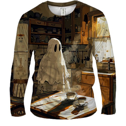 Мужской 3D лонгслив Призрак на кухне, Хэллоуин (вид спереди)