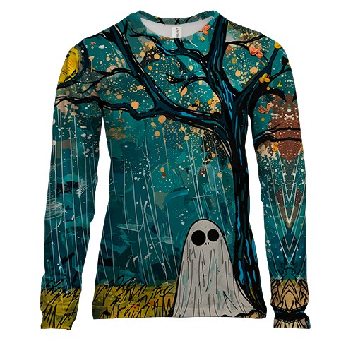 Женский 3D лонгслив Призрак под дождём, Хэллоуин (вид спереди)
