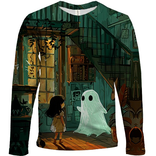 Дитячий 3D лонгслів Будинок із привидом, Хелловін (вид спереду)