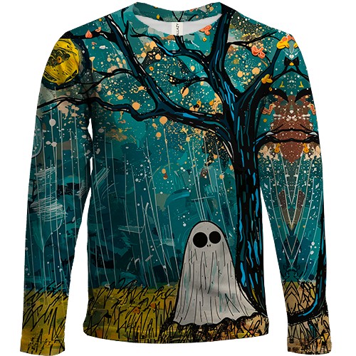 Дитячий 3D лонгслів Привид під дощем, Хелловін (вид спереду)