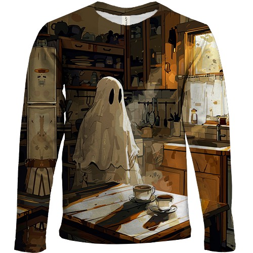 Дитячий 3D лонгслів Привид на кухні, Хелловін (вид спереду)