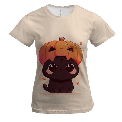Женская 3D футболка Милый котик, Хэллоуин (вид спереди)