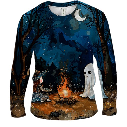 Чоловічий 3D лонгслів Дівчинка та привид, Хелловін (вид спереду)