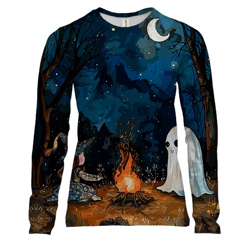 Жіночий 3D лонгслів Дівчинка та привид, Хелловін (вид спереду)