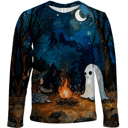Детский 3D лонгслив Девочка и призрак, Хэллоуин (вид спереди)
