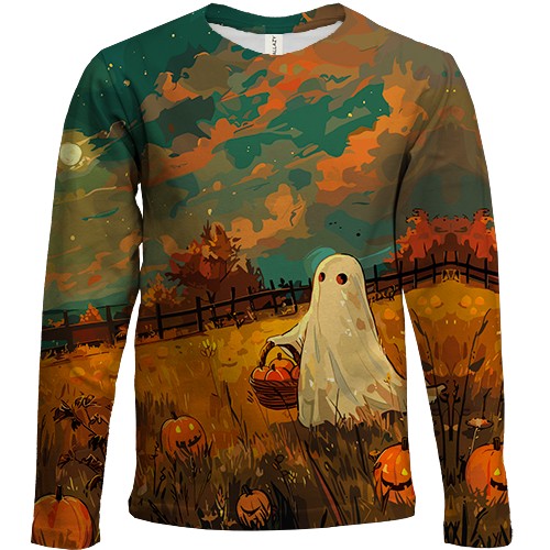 Дитячий 3D лонгслів Привид на полі, Хелловін (вид спереду)