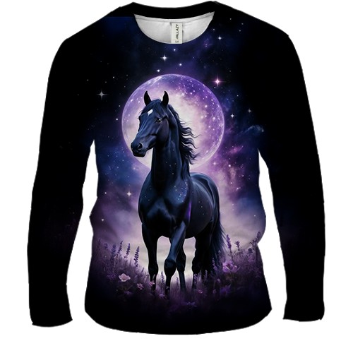 Чоловічий 3D лонгслів з конем на тлі місяця (вид спереду)
