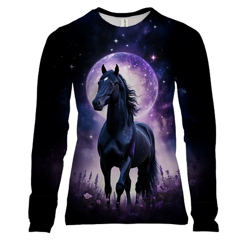 Жіночий 3D лонгслів з конем на тлі місяця (вид спереду)