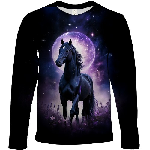 Детский 3D лонгслив с лошадью на фоне луны (вид спереди)