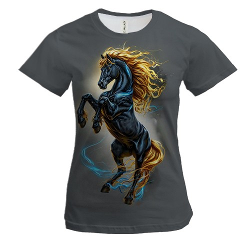 Жіноча 3D футболка із Золотогривим конем (вид спереду)