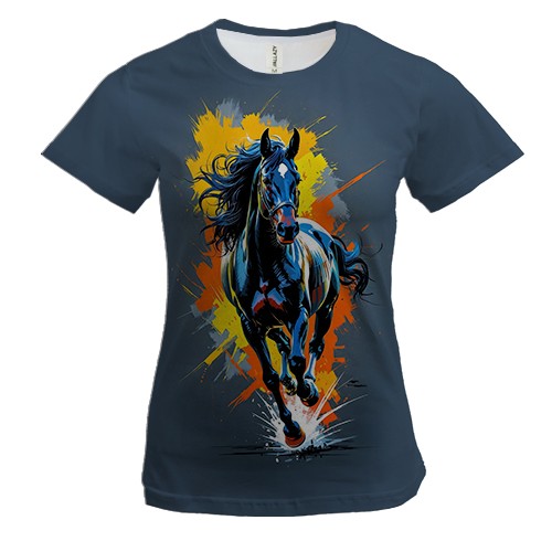 Женская 3D футболка Лошадь с мазками краски (вид спереди)