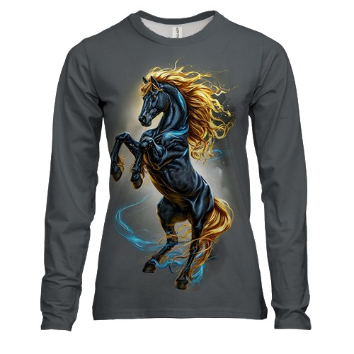 Женский 3D лонгслив с Золотогривой лошадью (вид спереди)