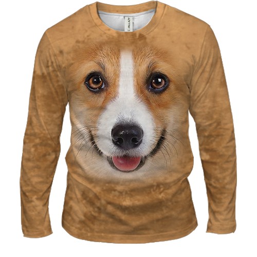 Мужской 3D лонгслив с Корги (вид спереди)