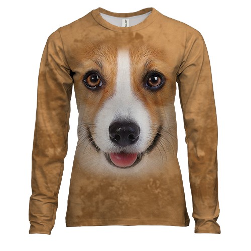Женский 3D лонгслив с Корги (вид спереди)