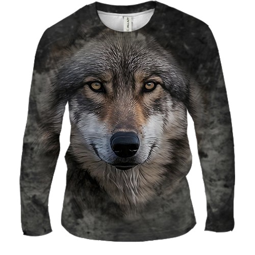 Чоловічий 3D лонгслів з мордою вовка (вид спереду)