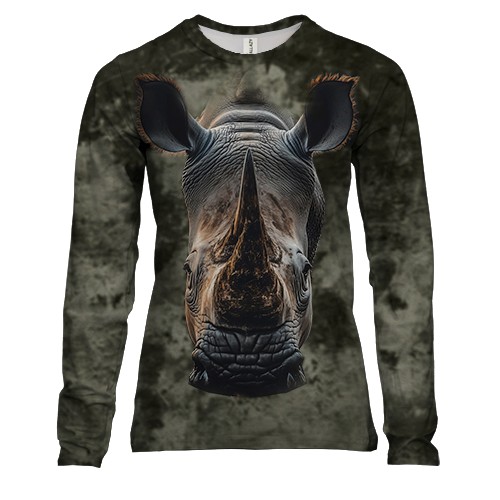 Женский 3D лонгслив с мордой носорога (вид спереди)