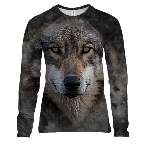 Жіночий 3D лонгслів з мордою вовка (вид спереду)