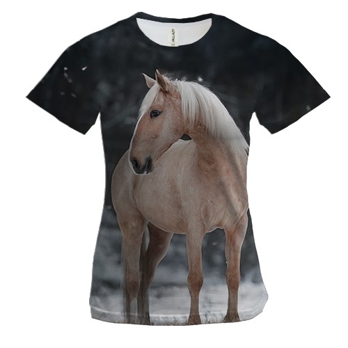 Женская 3D футболка Лошадь и зима (вид спереди)