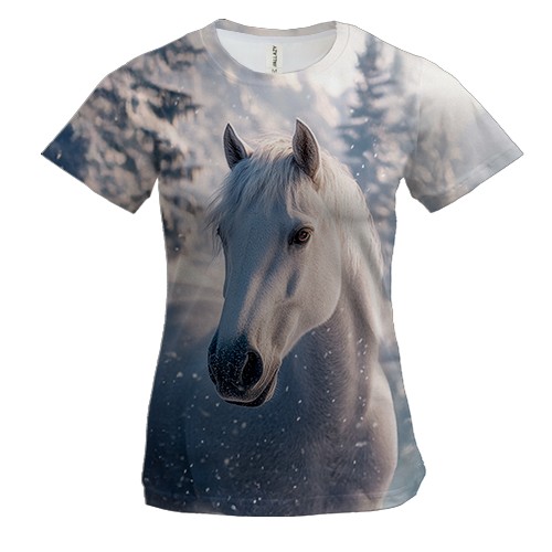 Жіноча 3D футболка Кінь і сніговий ліс (вид спереду)