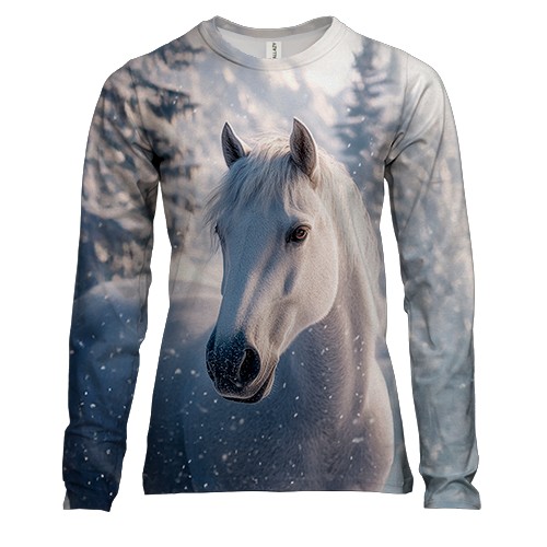 Женский 3D лонгслив Конь и снежный лес (вид спереди)