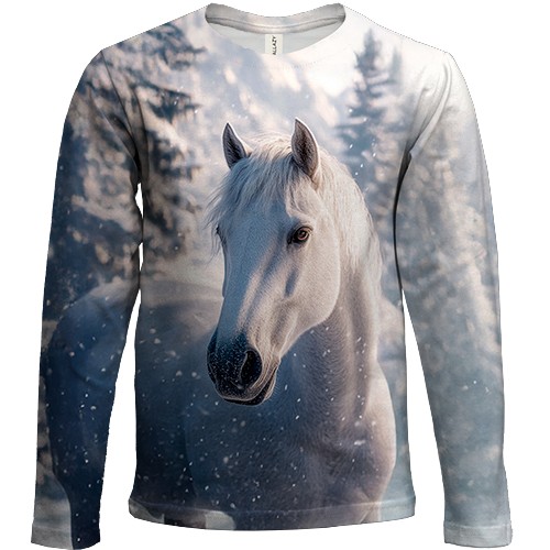 Дитячий 3D лонгслів Кінь і сніговий ліс (вид спереду)