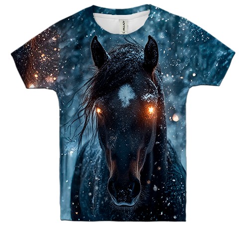 Детская 3D футболка Конь с сияющими глазами (вид спереди)