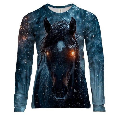 Жіночий 3D лонгслів Кінь з сяючими очима (вид спереду)